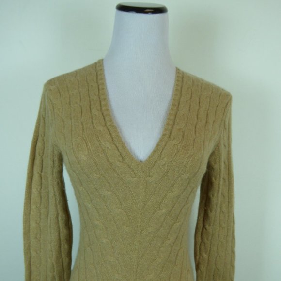 Ralph Lauren Black Label Sweaters - Ralph Lauren Black label 100% Cashmere camel brown cable v neck sweater M